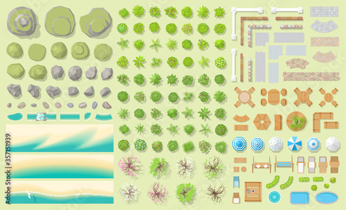 Set of park elements. (top view) 
Hills, rocks, stones, river, beach, trees, fences, paths, benches, furniture, umbrellas. (view from above) 