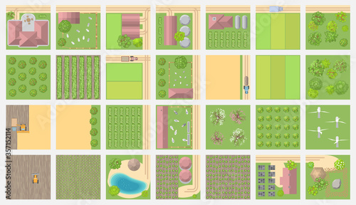 Set of landscape elements. Building blocks. Farm view from above.
Roads, houses, buildings, fields, gardens and trees. (Top view) 