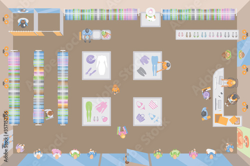 Clothing shop top view. Fashion, beauty, sale. 
Interior fashion store view from above.