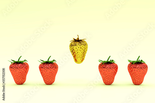 Out standing golden strawberry and metallic red strawberries.Fruit isolated on background with copy space. Minimal  idea food concept. 3D rendering.