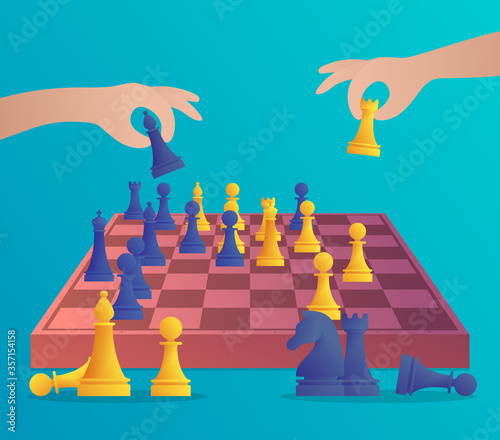 People playing chess banner in cartoon style. Human hands holding chess figures vector illustration. Intellectual duel and tactical battle on chess board. Strategy planning and leadership concept.