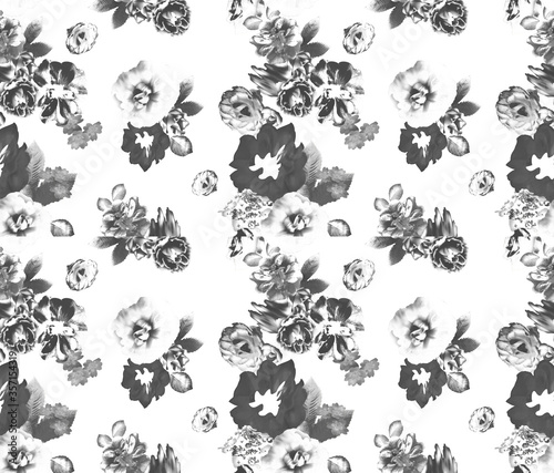 Floral seamless pattern with different flowers and leaves. Black and white Botanical illustration hand painted.