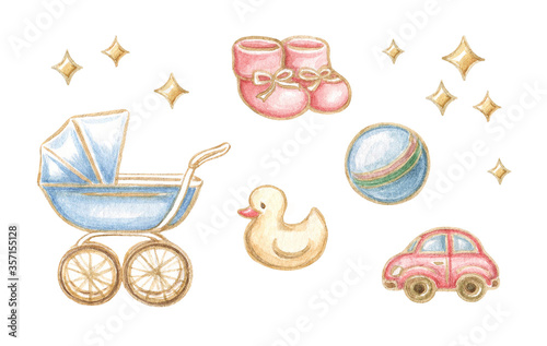 Cute children's set of elements for scrapbooking, stickers, design: stroller, toys, booties, stars. Watercolor illustration on a white background.