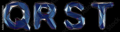 Realistic 3D set of letters Q, R, S, T made of low poly style. Collection symbols of low poly style blue color glass isolated on black background 3d