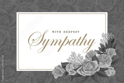 Grayscale rose bouquets with white frame and text on a dark background