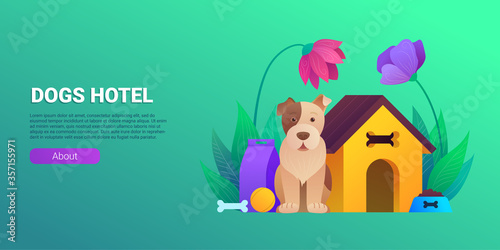 Dogs hotel cartoon horizontal banner. Pet daycare service vector illustration. Welcoming place for animals banners. Comfortable accommodation  playtime  exercise and healthy meals concept