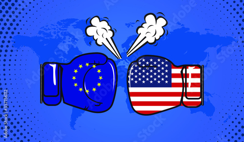 Boxing gloves with USA and EU flags. trade war. vector illustration