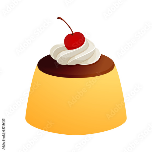 プリン ベクターイラスト｜Pudding icon. Caramel custard pudding with cream and cherry. Vector illustration