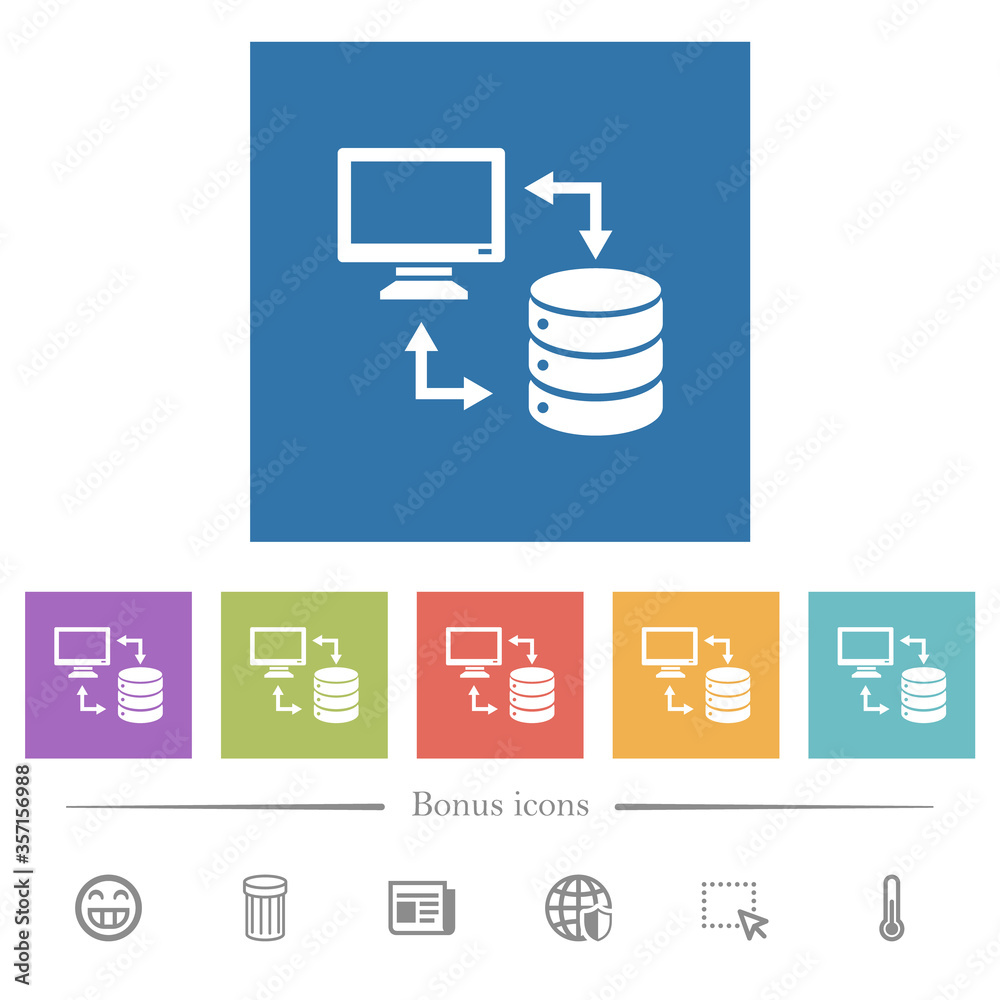 Syncronize data with database flat white icons in square backgrounds Syncronize data with database flat white icons in square backgrounds