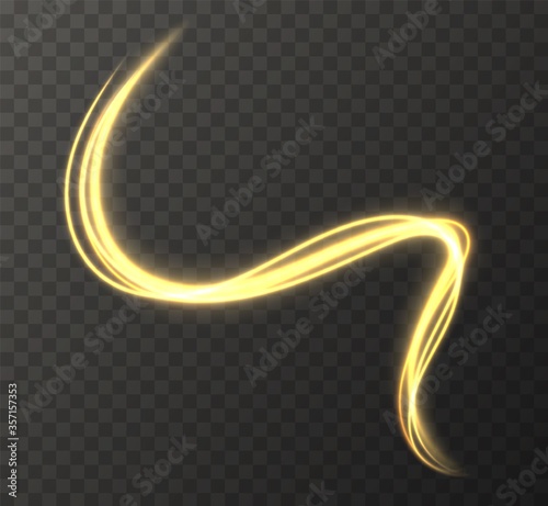 Golden magic swirl isolated on a transparent background. Hand drawn yellow neon light trail effect. Motion twirl light painting. Vector illustration.