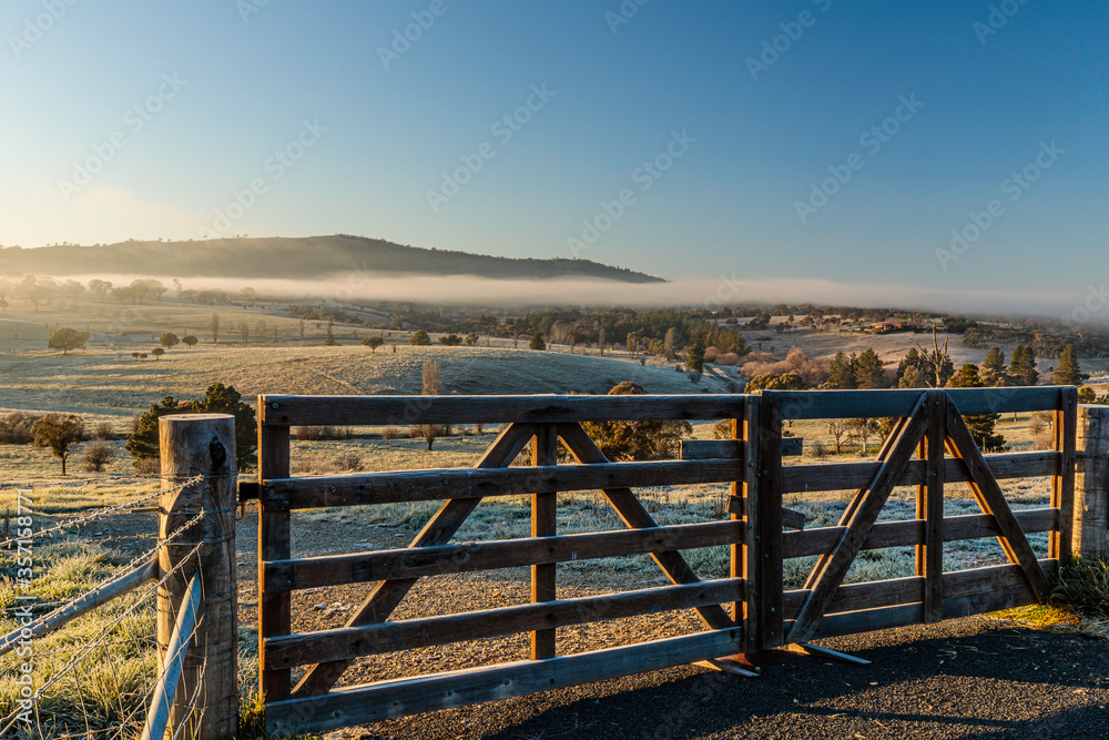 Frost-covered gate overlooking a frosty, foggy valley