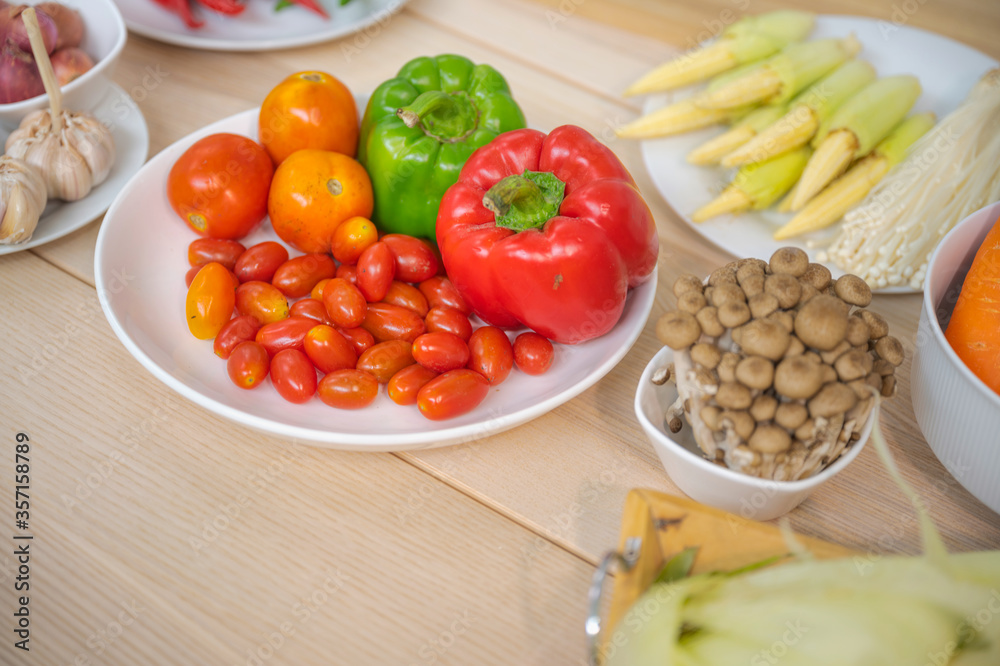 Fresh vegetable and fruit on wooden table in kitchen Fresh vegetable and fruit on wooden table in kitchen