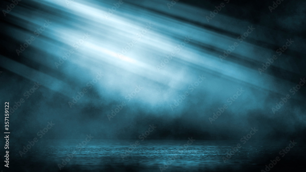 Dark dramatic abstract scene background. Neon glow reflected on the pavement. Smoke, smog and fog. Dark street, wet asphalt, reflections of rays in the water. Abstract dark blue background. 