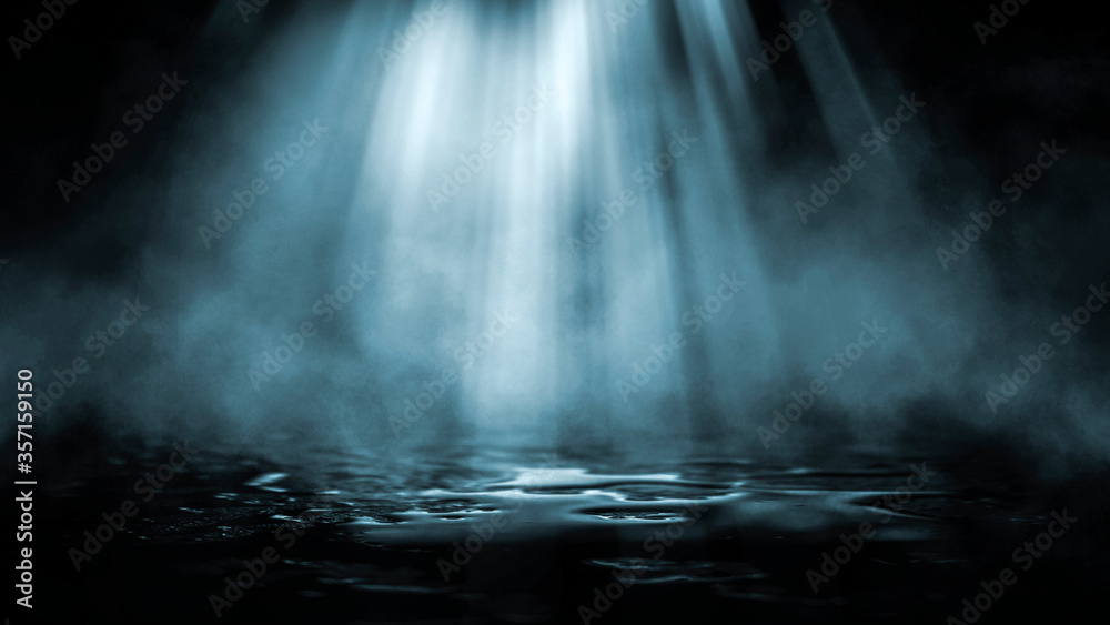 Dark dramatic abstract scene background. Neon glow reflected on the pavement. Smoke, smog and fog. Dark street, wet asphalt, reflections of rays in the water. Abstract dark blue background. Dark dramatic abstract scene background. Neon glow reflected on the pavement. Smoke, smog and fog. Dark street, wet asphalt, reflections of rays in the water. Abstract dark blue background.