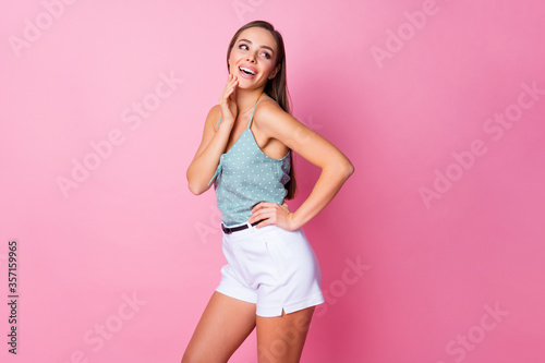 Portrait of her she nice-looking attractive lovely fascinating winsome pretty cute cheerful cheery girl posing laughing isolated over pink pastel color background