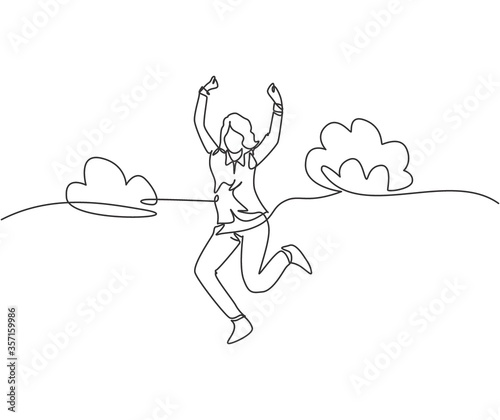 Single line drawing of young happy business woman jumping and raise hands into the air celebrate a success. Business celebration concept. Continuous line draw graphic design vector illustration
