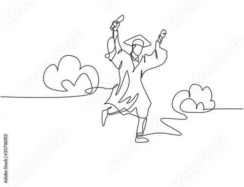 Single line drawing of young happy college student jumping high to celebrate his school graduation. Education celebration concept. Continuous line draw graphic design vector illustration