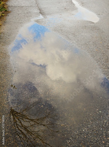 blue sky reflect from water on wet road