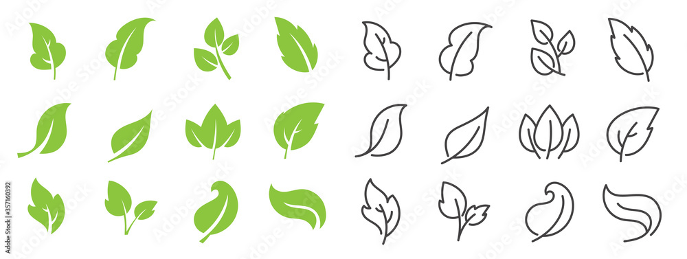 Leaves line vector icon set. Leaf shapes design for logo and natural beauty design element. Vector illustration. Leaves line vector icon set. Leaf shapes design for logo and natural beauty design element. Vector illustration.