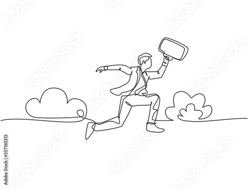 One line drawing of young happy and energetic business man carrying a briefcase jumping over the cloud. Business agility concept. Continuous line draw design vector illustration