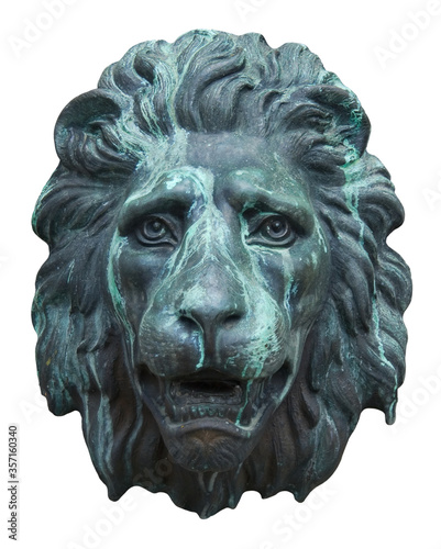 Antique bronze lion face sculpture isolated on white