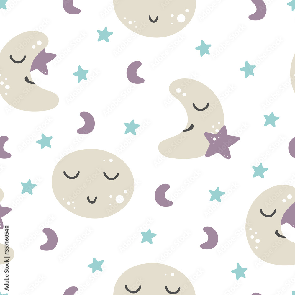 Vector seamless pattern with moon and stars on white background. For kids, babies, children. Good for prints, textile, digital paper