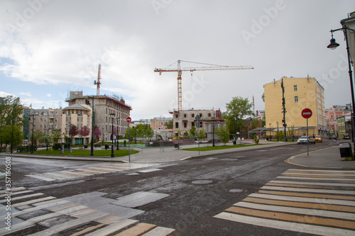 Street without people and cars in the center of Moscow. Quarantine in Moscow Сovid-19