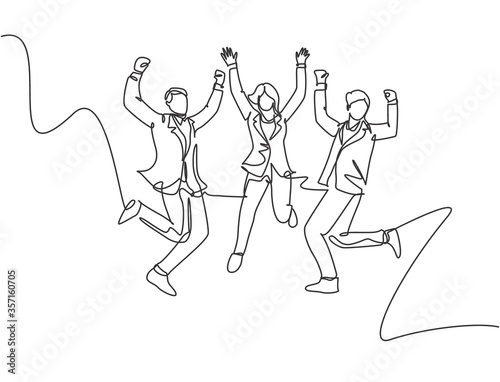One line drawing of young happy business man and business woman jumping to celebrate their successive business. Business deal celebration concept. Continuous line draw design vector illustration