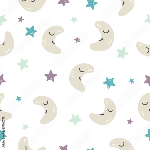 Vector seamless pattern with moon and stars on white background. For kids  babies  children. Good for prints  textile  digital paper