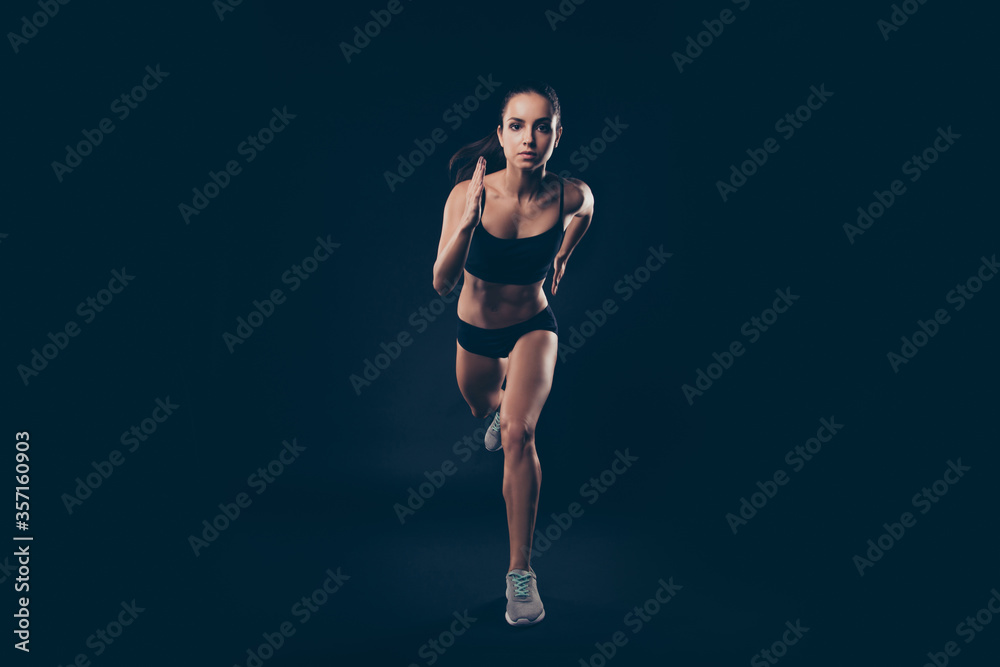 Full body photo short sport suit lady ready steady go concept sprint run professional inspired to win race isolated black background