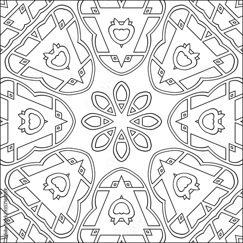 Simple geometric coloring page for kids and adults. Relax black and white ornament. Meditative drawing coloring book. Kaleidoscope template for design work.