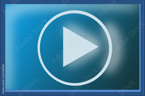 on a flat blue screen a white triangle in a circle frame, belongings to icon of graphic multi media  player custom thumbnail with play description