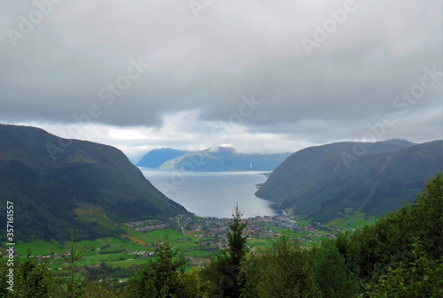 mountain landscape with clouds overlooking Flam, Norway