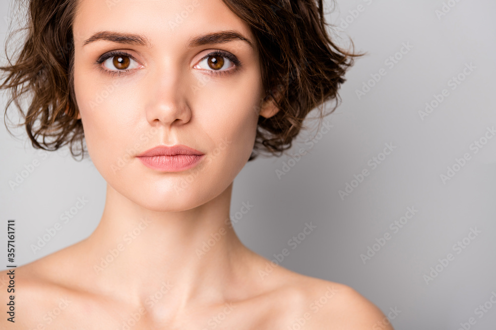 Closeup photo of beautiful naked lady bobbed short hairstyle perfection