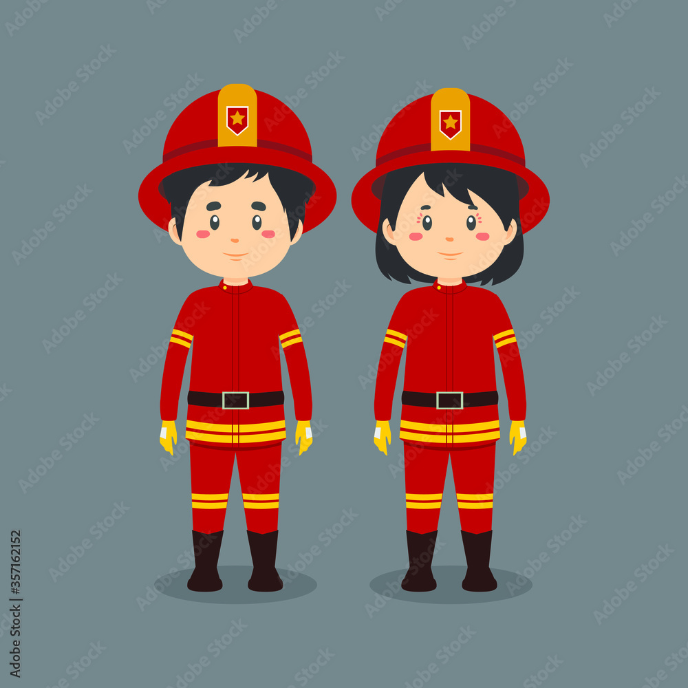 Couple Character Wearing Firefighters Uniform Couple Character Wearing Firefighters Uniform