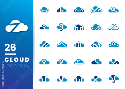 Set of blue Cloud logo icon with negative space letter. Modern simple logo template with flat style isolated on white background. Can be used for business company group. Vector Illustration