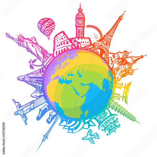 Famous world landmarks located around the globe . Design for travel and tourism. Hand drawn vector illustration.