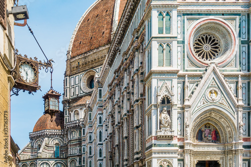 Piazza del Duomo, Cathedral Square in historic center of Florence Tuscany Italy, Florence Cathedral with the Cupola del Brunelleschi, Giotto's Campanile, Florence Baptistery, Loggia del Bigallo photo