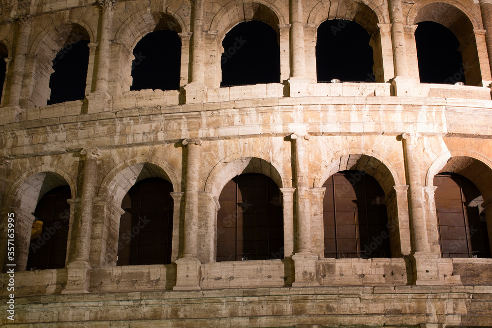 Close up view of Colosseum at night in Rome
