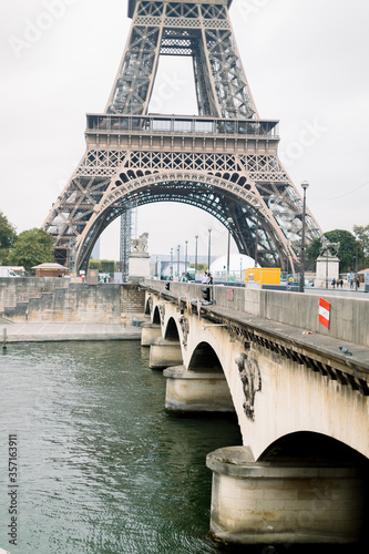 Eiffel tower and Seine river. Panoramic view of city of Paris with Eiffel tower and bridge over Seine river  France.