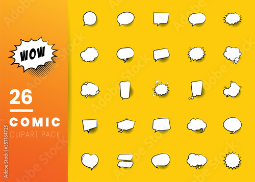 Set of empty comic bubbles and elements with black halftone shadows on yellow background. Vintage style. Vector illustration,