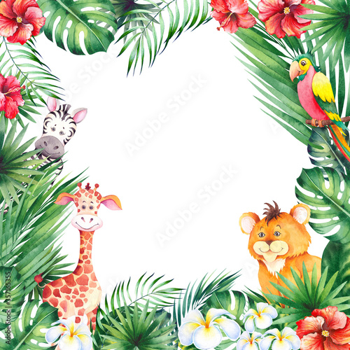 Photography Square frame with cute african cartoon animals.