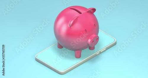 Cute piggy bank rotating on smartphone, looping seamless animation 4k video.