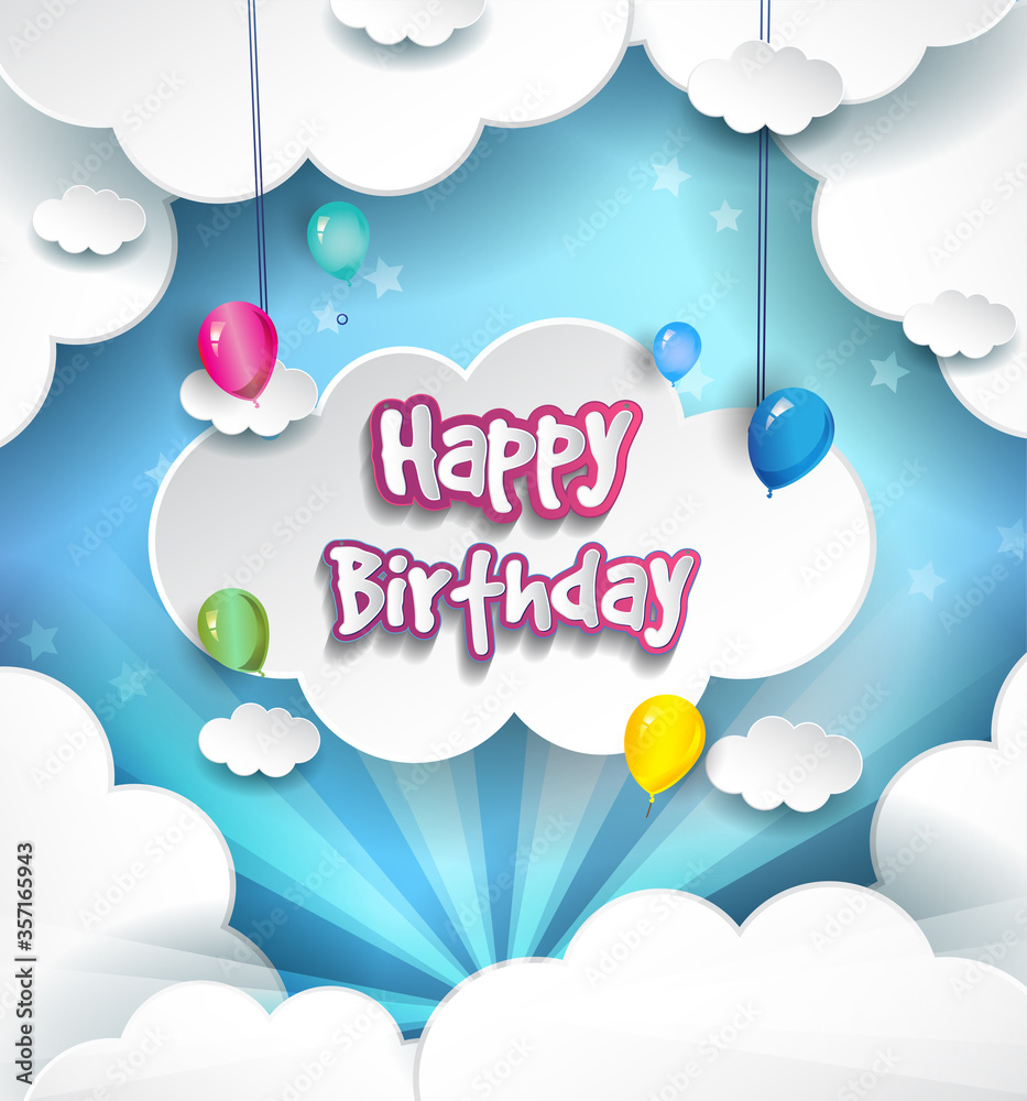 Happy Birthday vector design for greeting cards with balloon and clouds, vector illustration for birthday celebration