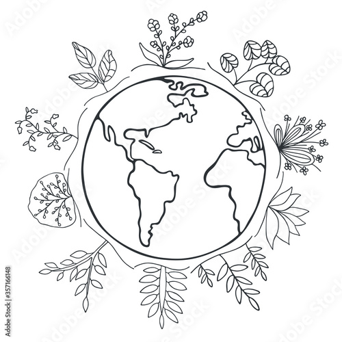 Set illustration of planet and floral elements around it. Hand drawn doodle sketch flowers, branches, plants, leaves, herbs. Silhouette of growing plants from the ground isolated on white background