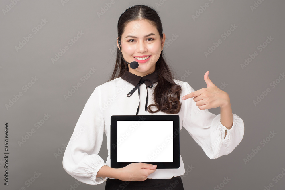 operator woman is holding tablet mockup operator woman is holding tablet mockup