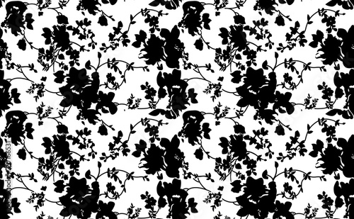 Floral seamless pattern with different flowers and leaves. Black and white Botanical illustration hand painted.