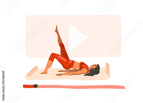 Hand drawn vector abstract stock flat graphic illustration with young happy female, doing fitness on mat and watching online training video isolated on white background