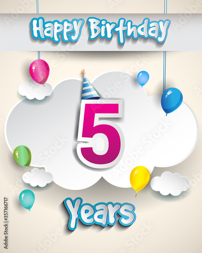 5th Anniversary Celebration Design, with clouds and balloons, confetti. Vector template elements for birthday celebration party.