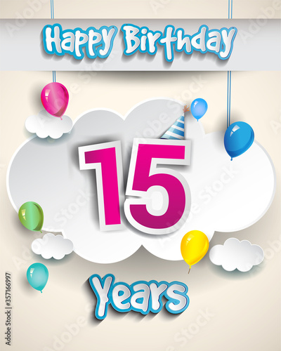 Photography 15th Anniversary Celebration Design, with clouds and balloons, confetti